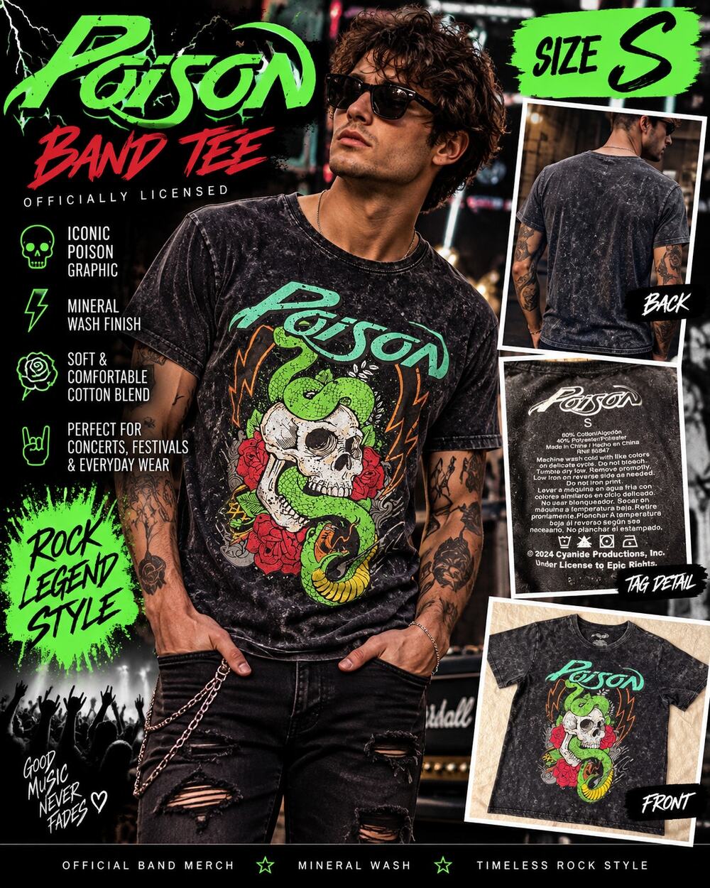 Poison Band Tee S Skull Snake Roses Mineral Wash Graphic Shirt 2024 Rock NWOT